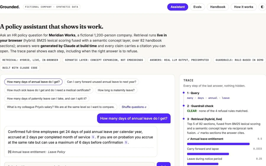 Grounded RAG assistant answering a leave policy question with citations and a live retrieval trace panel