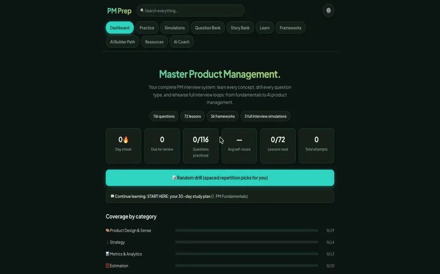 PM Prep app dashboard showing 116 practice questions, 72 lessons, and coverage by category